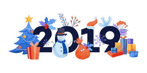 Fototapeta na wymiar New 2019 Year horizontal banner with various winter holiday symbols isolated on white background - flat vector illustration of traditional event elements for congratulation design.