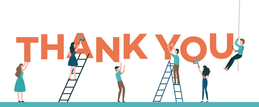 Thank You text vector illustration with men and women placing and painting big letters isolated on white background - male and female characters building word for flat gratitude design.