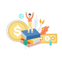 Vector business success concept with man raising hands up standing at big books pile on the background of abstract florals, gear and huge gold coin and dollar banknote. Flat illustration