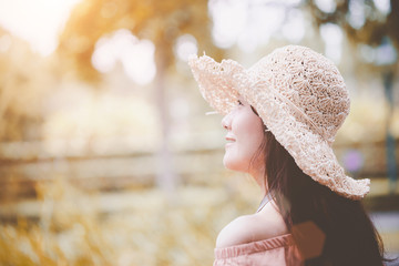 Close up smiling woman traveler with a enjoy photography, travel girl outdoors. Woman are happy with taking photos with a vacation camera.