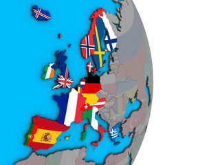 Western Europe with embedded national flags on simple political 3D globe.