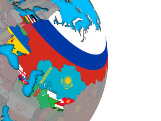 Former Soviet Union with embedded national flags on simple political 3D globe.