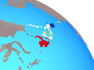 Philippines with national flag on simple blue political globe.