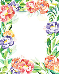 Watercolor flowers frame. Handpainted  watercolor frame with flowers, branches, leaves. Perfect for you postcard design, wallpaper, print, invitations, packaging etc. - 230023923