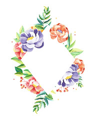 Watercolor flowers frame. Handpainted  watercolor frame with flowers, branches, leaves. Perfect for you postcard design, wallpaper, print, invitations, packaging etc. - 230023934