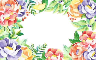 Watercolor flowers frame. Handpainted  watercolor frame with flowers, branches, leaves. Perfect for you postcard design, wallpaper, print, invitations, packaging etc.