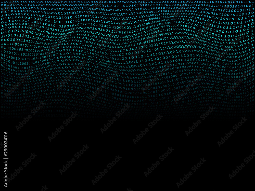 Poster binary code wavy on black background for digital, technology concept background