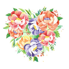 Watercolor flowers heart. Handpainted  watercolor heart with flowers, branches, leaves. Perfect for you postcard design, wallpaper, print, invitations, packaging etc. - 230024109
