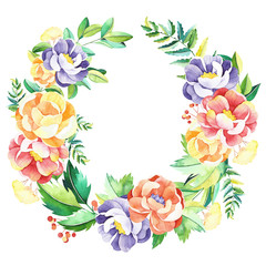 Watercolor flowers wreath. Handpainted  watercolor wreath with flowers, branches, leaves. Perfect for you postcard design, wallpaper, print, invitations, packaging etc. - 230024112