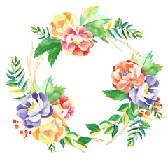 Watercolor flowers wreath. Handpainted  watercolor wreath with flowers, branches, leaves. Perfect for you postcard design, wallpaper, print, invitations, packaging etc. - 230024123