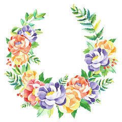 Watercolor flowers wreath. Handpainted  watercolor wreath with flowers, branches, leaves. Perfect for you postcard design, wallpaper, print, invitations, packaging etc. - 230024126