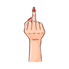Vector illustration of female hand showing rude Fuck you gesture in sketch style isolated on white background. Hand drawn woman wrist with manicure and red nail polish with middle finger raised.