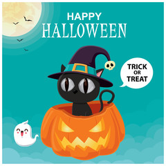 Vintage Halloween poster design with vector cat, Jack O Lantern, pumpkin character. 