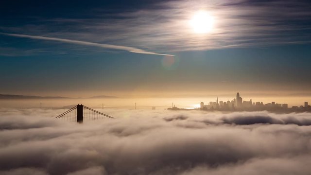 Aerial San Francisco Golden Gate Bridge Low Fog Morning Light Time Lapse