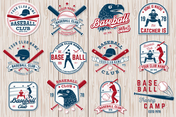 Set of baseball or softball club badge. Vector illustration. Concept for shirt or logo, - obrazy, fototapety, plakaty