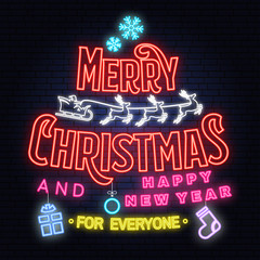 Merry Christmas and 2019 Happy New Year neon sign with angels, santa claus in sleigh with deer and christmas gifts.