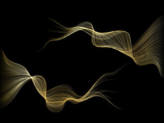 Abstract wave lines gold color isolated on black background. For vector design elements in concept luxury technology, creative, science