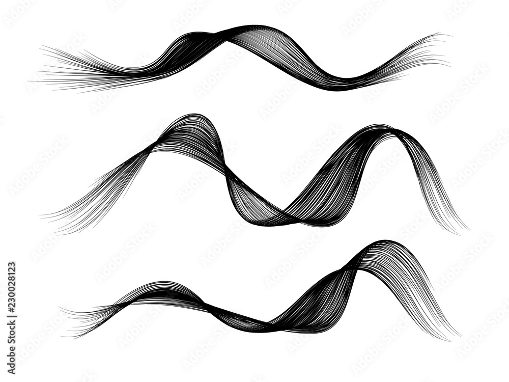 Poster Set of vector black curved wavy lines brush stroke isolated on white background for design element