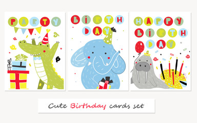Hand drawn funny party animals. Set of three cute birthday cards