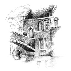The building with a bridge painted by hand. Drawn by pen. Isolated on white background