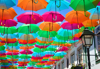 Umbrellas over the street in Agueda, Portugal