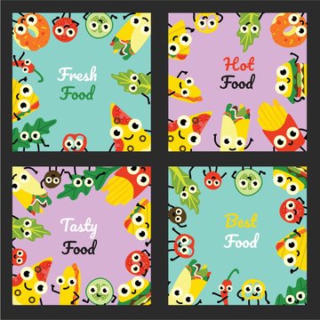 Vector illustration set of fast food square banners with border frames of various full meals and vegetable ingredients cartoon characters with cute smiling faces in flat style on colorful backgrounds.