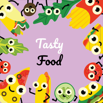Vector illustration of fast food border frame on square banner with tasty full meals and vegetable ingredients cartoon characters with cute smiling faces in flat style on violet background.
