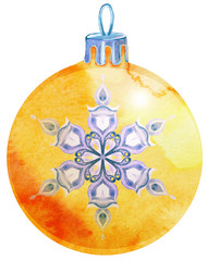 Watercolor yellow Christmas ball isolated on a white background.
