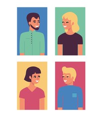 Young woman, man flat avatar for social networks, blogs use set. Smiling girls in dress, male characters in tshirt portraits. Vector illustrations in colored squares