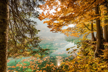 Autumn scenery at Fusine lake in Italian Alps