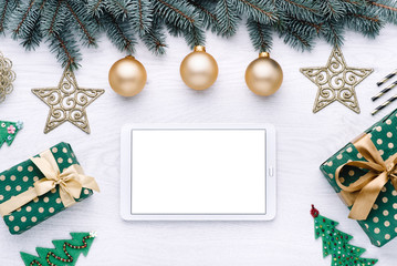 Beautiful celebratory Christmas background. New Year's holidays. Christmas holidays. Beautiful Christmas decorations on the wooden background. Loft style. Mockup
