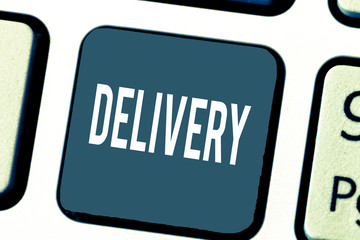 Handwriting text Delivery. Concept meaning action of delivering letters parcels or goods Giving birth.