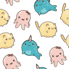 Funny kawaii animals. Colored vector seamless pattern