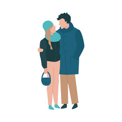 Vector couple standing hugging at autumn in warm outdoor clothing coat, jacket scarf and hat. Young man woman with handbag dating outdoors together. Illustration with male female characters embracing