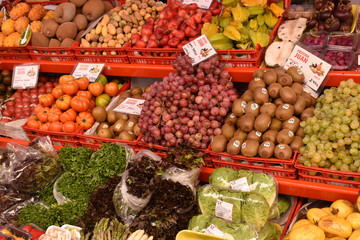 Colorful fresh fruits on the local market Mercado de Nuestra Senora de Africain in Santa Cruz in Tenerife, Europe