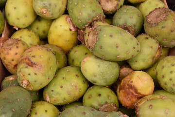 Closeup of green prickly pears on a market in Tenerife