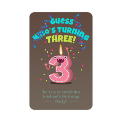 Cute birthday poster with candle number three 3 character with flame at his head dancing, guess whos turning three inscription. Kids birthday holiday party background design. Vector illustration