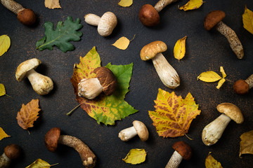 Autumnal mushrooms background. Mushrooms boletus, orange-cap boletus mushrooms and autumn leaves on brown table.  Autumn composition. Flat lay, top view