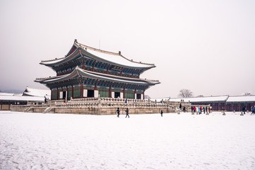 The white snow fell geunjeongjeon hall in Gyeongbok Palace, Seoul, South Korea