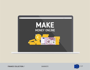 Notebook with 500 Euro Banknote. Flat style vector illustration. Finance concept.