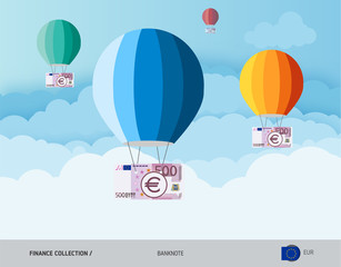 Obraz premium Hot air balloons with 500 Euro Banknotes. Flat style vector illustration. Finance concept.