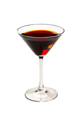 Closeup glass of red martini cocktail isolated at white background.