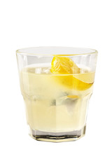 Closeup glass of gin tonic cocktail with lemon isolated at white background.