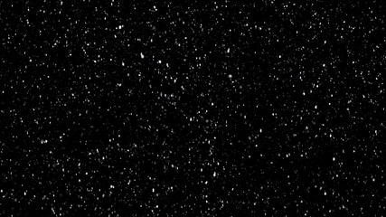White Snow Falling on Isolated Black Background, Shot of Flying Snowflakes Bokeh, Dust Particles or...