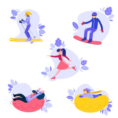 Vector people enjoying winter sports with abstract floral elements background set. Man snowboarding, women skiing and ice-skating, girl and boy kid snowtubing outdoors flat illustration