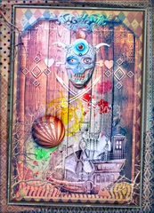 Zelfklevend Fotobehang Achtergrond met piratenzeilschip en schedel met gekruiste zwaarden © Rosario Rizzo