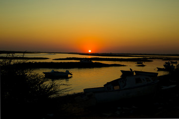 Humedal silueteado por sol rojizo al atardecer