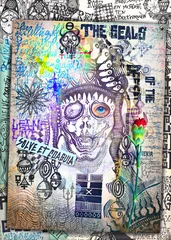 Foto op Canvas Mysterieuze collages met Joker, schetsen, manuscripten, tekeningen, esoterische, astrologische en alchemistische symbolen © Rosario Rizzo