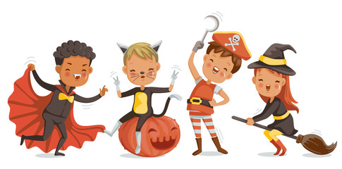 Halloween funny. happy children boys and girls in costumes and makeup on a celebration of halloween. Cartoon vector illustration isolated white background