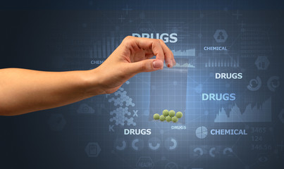 Naked hand gives chemicals in vacuum plastic bag with scholarly concept